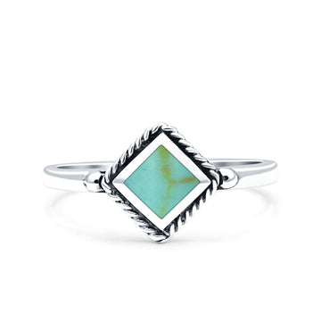 Square Vintage Style Petite Dainty Simulated Turquoise Ring Solid Oxidized 925 Sterling Silver